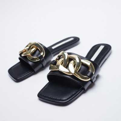 2021 New Summer Black Chain Sqaure Toe Slipper Women Flat With Femal Sandals