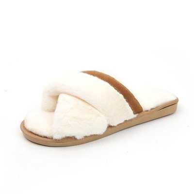 New Cross Open Toe Fur Slippers Female Winter Warm Home Indoor Flat Bottom Non slip Floor Cotton Slippers