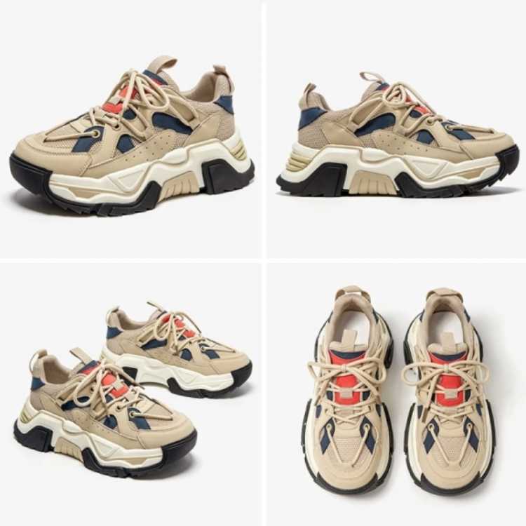 Sneakers Women Synthetic Leather Mesh Mixed Colors Lace Up Platform Ladies Vulcanized Shoes Handmade 29414