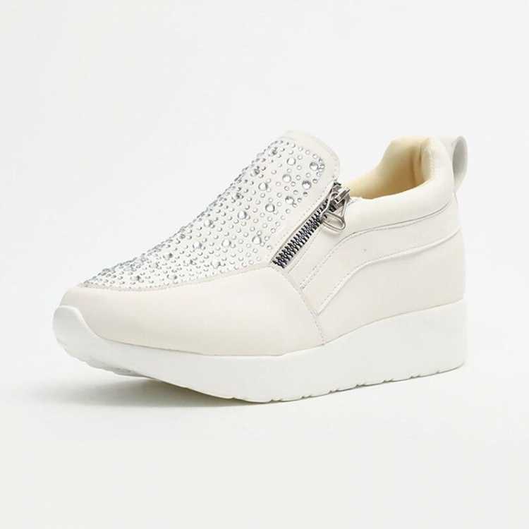 Women's Sneakers White Running Shoes Rhinestone Zipper Platform Sneakers Large Size 42 43 Comfortable Women Casual Shoes