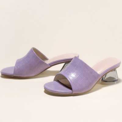 Mid Heel Slippers Ladies Stone Pattern Summer Leather Slippers Shoes Female Transparent Spike Heels Women Sandals Slippers Open