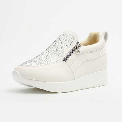 Women's Sneakers White Running Shoes Rhinestone Zipper Platform Sneakers Large Size 42 43 Comfortable Women Casual Shoes