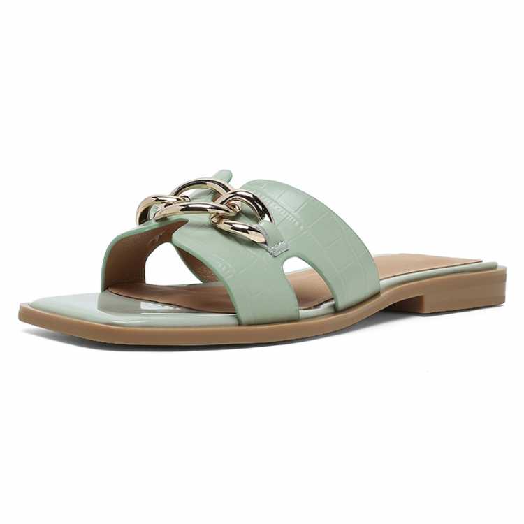 Fashion Chain Genuine Leather Flat Sandals Women Summer Casual Shoes Ladies Sandales Femmes nouveau 2021