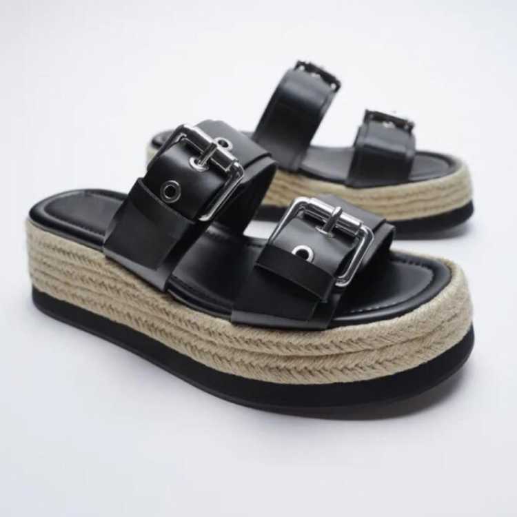 2022 Black Genuine Leather Wedges Platform Sandals For Women Summer Casual Belt Buckle Espadrilles High Heels Shoes