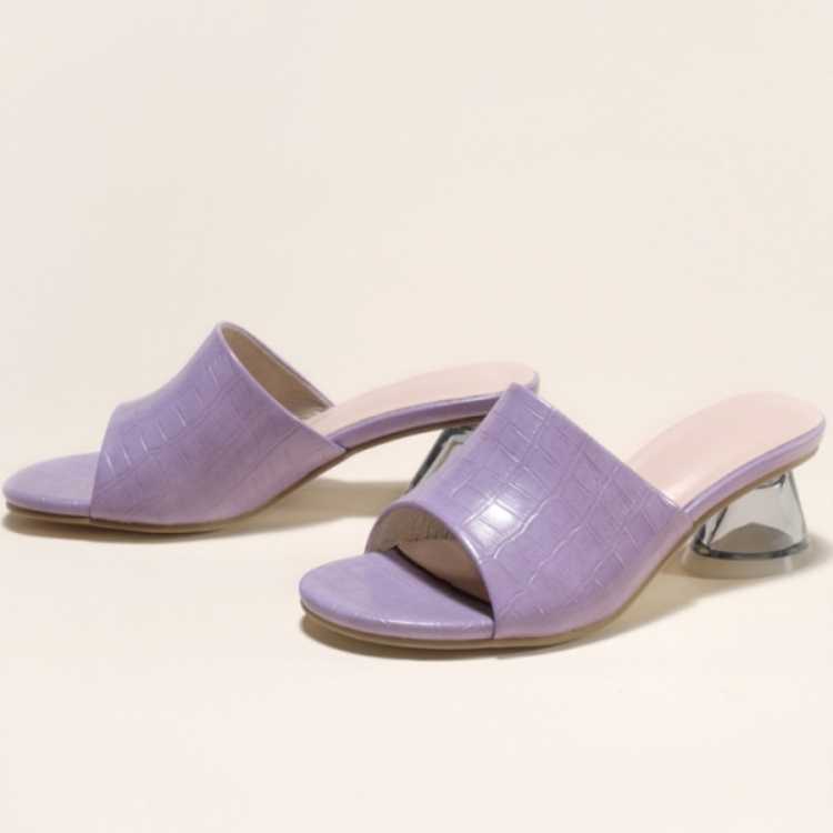 Mid Heel Slippers Ladies Stone Pattern Summer Leather Slippers Shoes Female Transparent Spike Heels Women Sandals Slippers Open